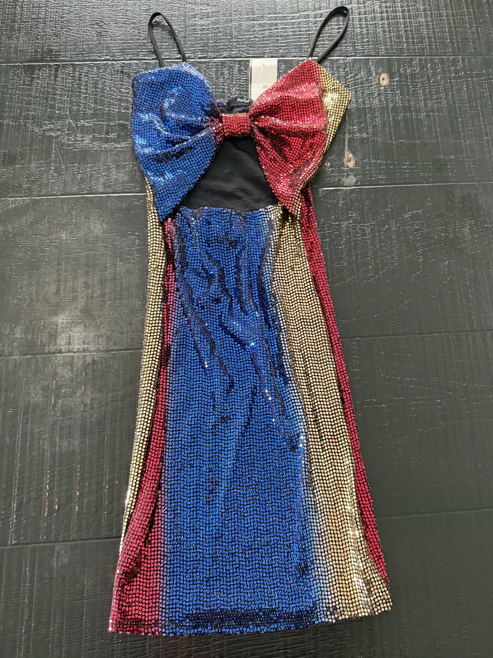 Sequin Bow-Front Party Dress in Blue, Red & Gold NWT